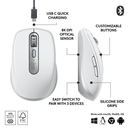 Logitech MX Anywhere 3S Compact Wireless Mouse, Fast Scrolling, 8K DPI Any-Surface Tracking, Quiet Clicks, Programmable Buttons, USB C, Bluetooth, Windows PC, Linux, Chrome, Mac - Rose