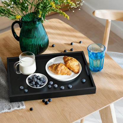 17 Inch Wood Serving Tray with Handles - Large Wooden Tray for Ottoman, Breakfast in Bed, Dinner, Coffee Table - Black Rectangular Tray for Living Room Bedroom Entryway and Kitchen