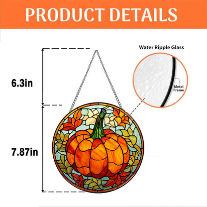 Autumn Pumpkin Stained Glass Window Hanging, Fall Harvest Suncatcher with Leaves & Flowers, Thanksgiving and Halloween Window Decor for Home & Kitchen