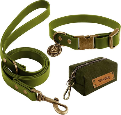 Wisedog Waterproof Dog Collar and Leash Set, Large, Green | Adjustable Puppy Collar, Cute Tag, 5FT Leash, Includes Poop Bag, For Small Medium Large Dogs
