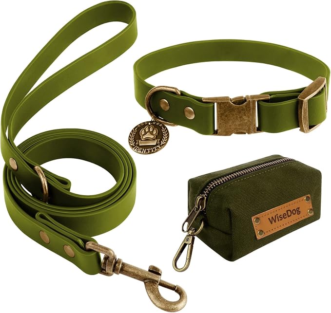 Wisedog Waterproof Dog Collar and Leash Set, S, Green | Adjustable Puppy Collar, Cute Tag, 4FT Dog Leash, Includes Poop Bag, For Small Medium Large Dogs