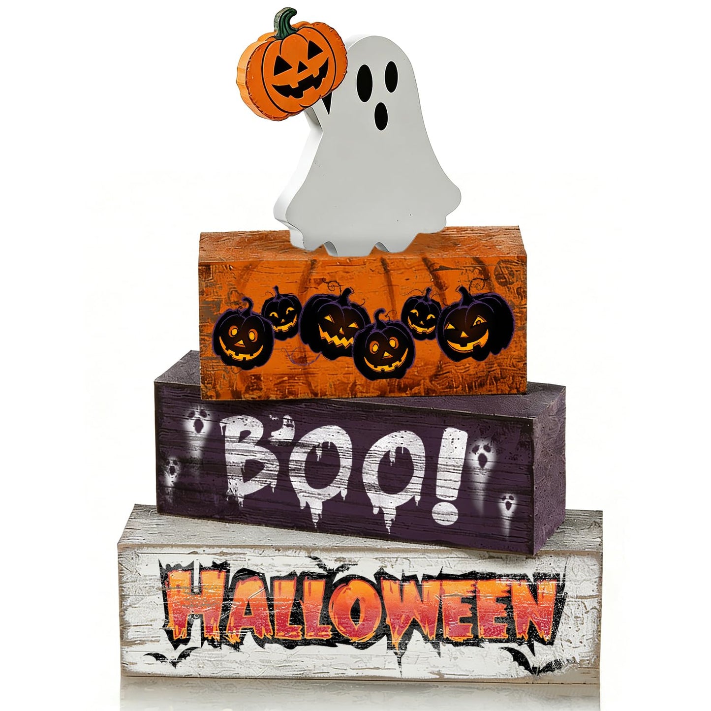 4 Pcs Halloween Decor Wooden Ghost Pumpkin Tiered Tray Decorations Rustic Farmhouse Tabletop Centerpiece Boo Wood Block Sign for Home Kitchen Shelf Mantel Office Desk