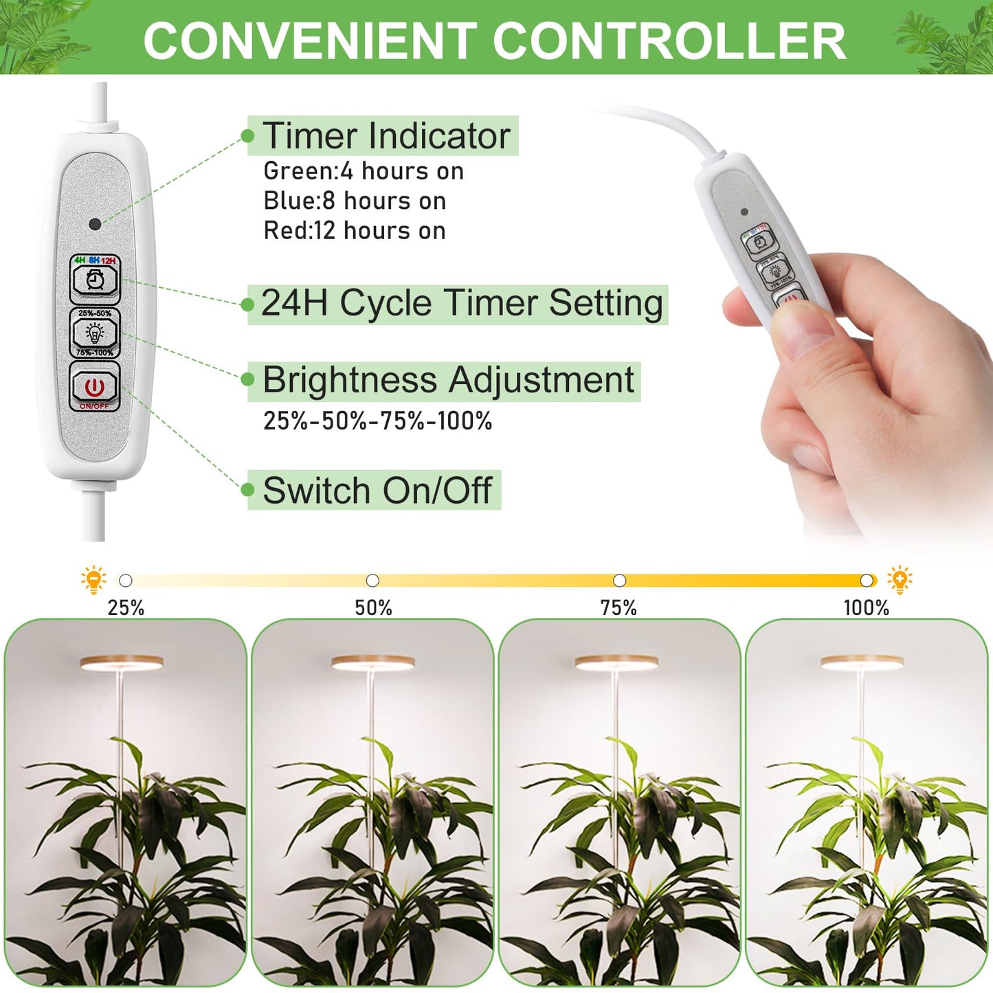 LORDEM Bamboo Grow Light, Full Spectrum LED Plant Grow Light, Height Adjustable Growing Lamp with Auto Timer 4H/8H/12H, 4 Dimmable Levels, Ideal for Large Tall Plants