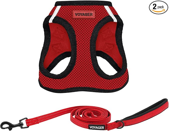 Best Pet Supplies Voyager Step-in Air All Weather Mesh Harness and Reflective Dog 5 ft Leash Combo with Neoprene Handle, for Small, Medium and Large Breed Puppies - Red/Black Trim, X-Large