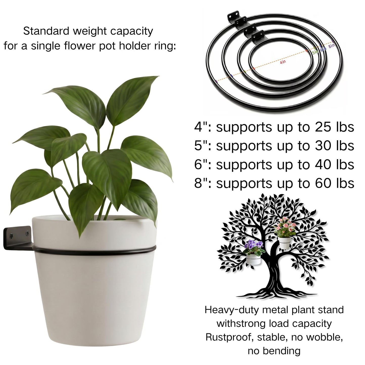 Tree of Life Metal Wall Mounted Plant Holder, Tree Wall Plant Holders Indoor Stand, Metal Hanging Plants Shelf for Living Room, Entryway (Black, 31"x 29"| 80x75cm, 3 Pack 6" Flower Pot Holder Ring)