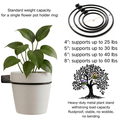 Tree of Life Metal Wall Mounted Plant Holder, Tree Wall Plant Holders Indoor Stand, Metal Hanging Plants Shelf for Living Room, Entryway (Black, 31"x 29"| 80x75cm, 3 Pack 6" Flower Pot Holder Ring)