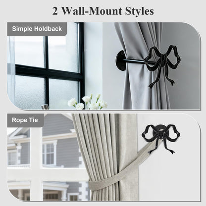 Tocemei 2 Pack Black Bow Curtain Holdbacks, Modern Matte Metal Curtain Holders for Wall,Rotatable Adjustable Angle,Elegant Bow Decor for Living Room Bedroom Home