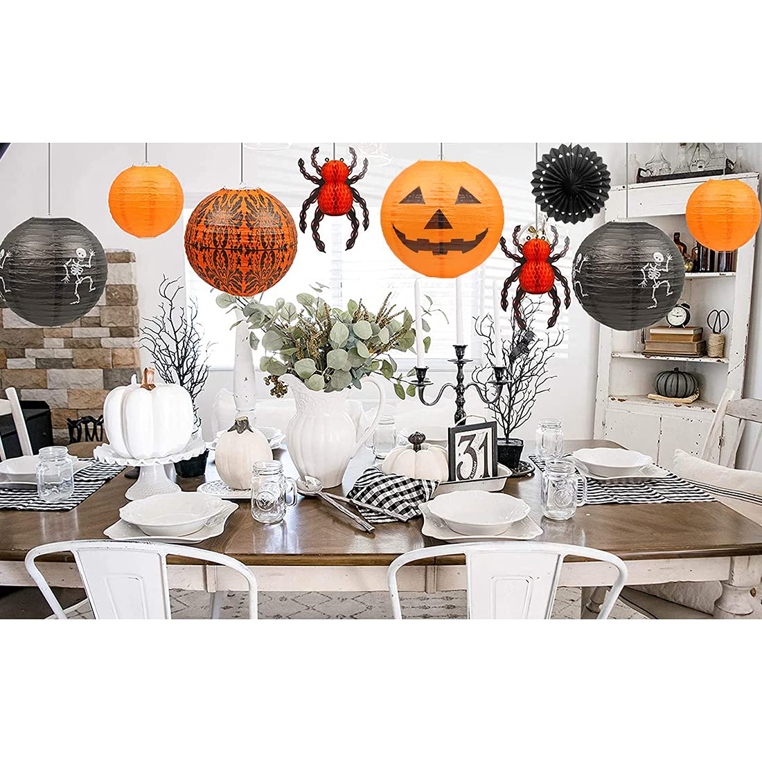 UNIQOOO 12Pcs Halloween Hanging Decorations Paper Lanterns, Jack-O'-Lantern Spider Skeleton Pumpkin for Indoor & Outdoor Spooky Home Decor, Party Supplies Props, 12" & 8" (Orange, Black)
