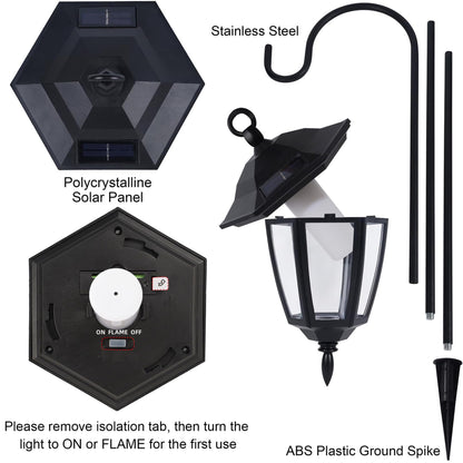 Dynaming 6 Pack Solar Flame Hanging Lights Outdoor, Halloween Solar Flickering Flame LED Garden Lanterns with 6 x 38 Inch Shepherd Hooks, Christmas Lighting for Lawn Patio Yard Pathway Driveway