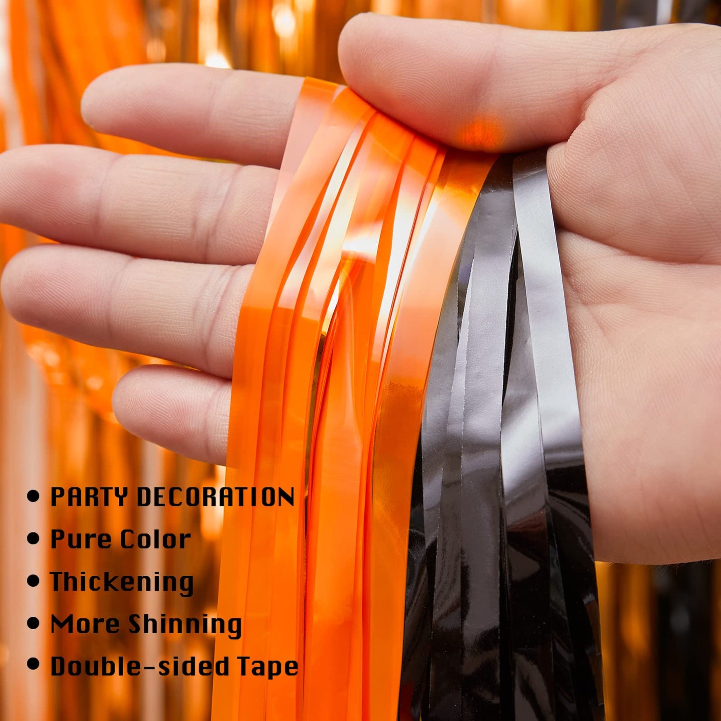 4 Pack Black and Orange Tinsel Foil Fringe Curtains, Halloween Party Photo Backdrop Streamers Backdrop for Birthday Anniversary Party Halloween Party Decoration