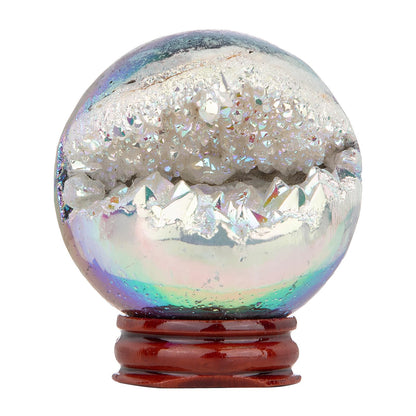 mookaitedecor Angel Aura Quartz Geode Sphere 51-60 mm, Natural Rock Crystal White Titanium Coated Crystal Ball with Stand for Divination Witchcraft Home Decor