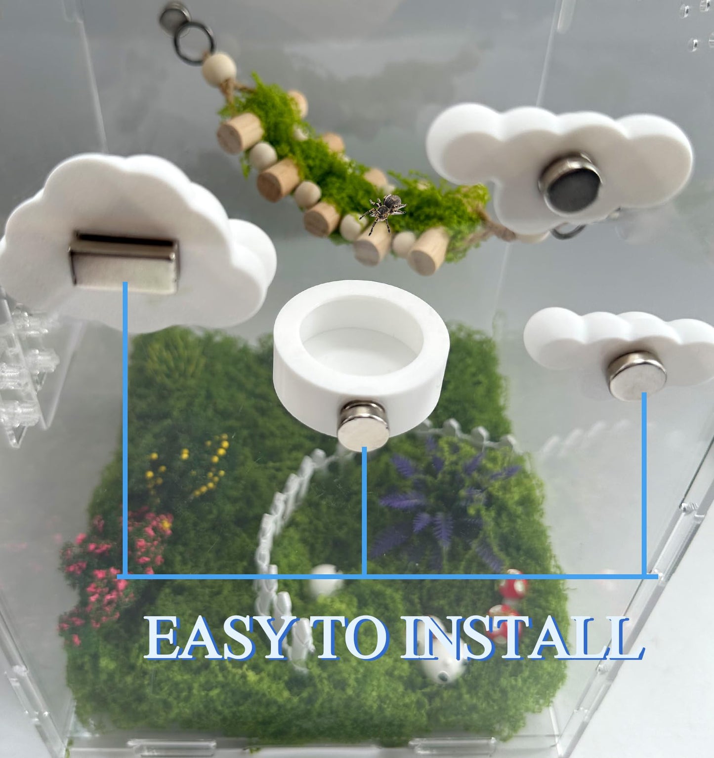Jumping Spider Accessories Set – 6 Pcs Sky Theme Kit with Cloud Platforms, Magnetic Mounts, Feeder Dish, and Light Web Decor for Jumping Spider Exploration & Climbing (White)