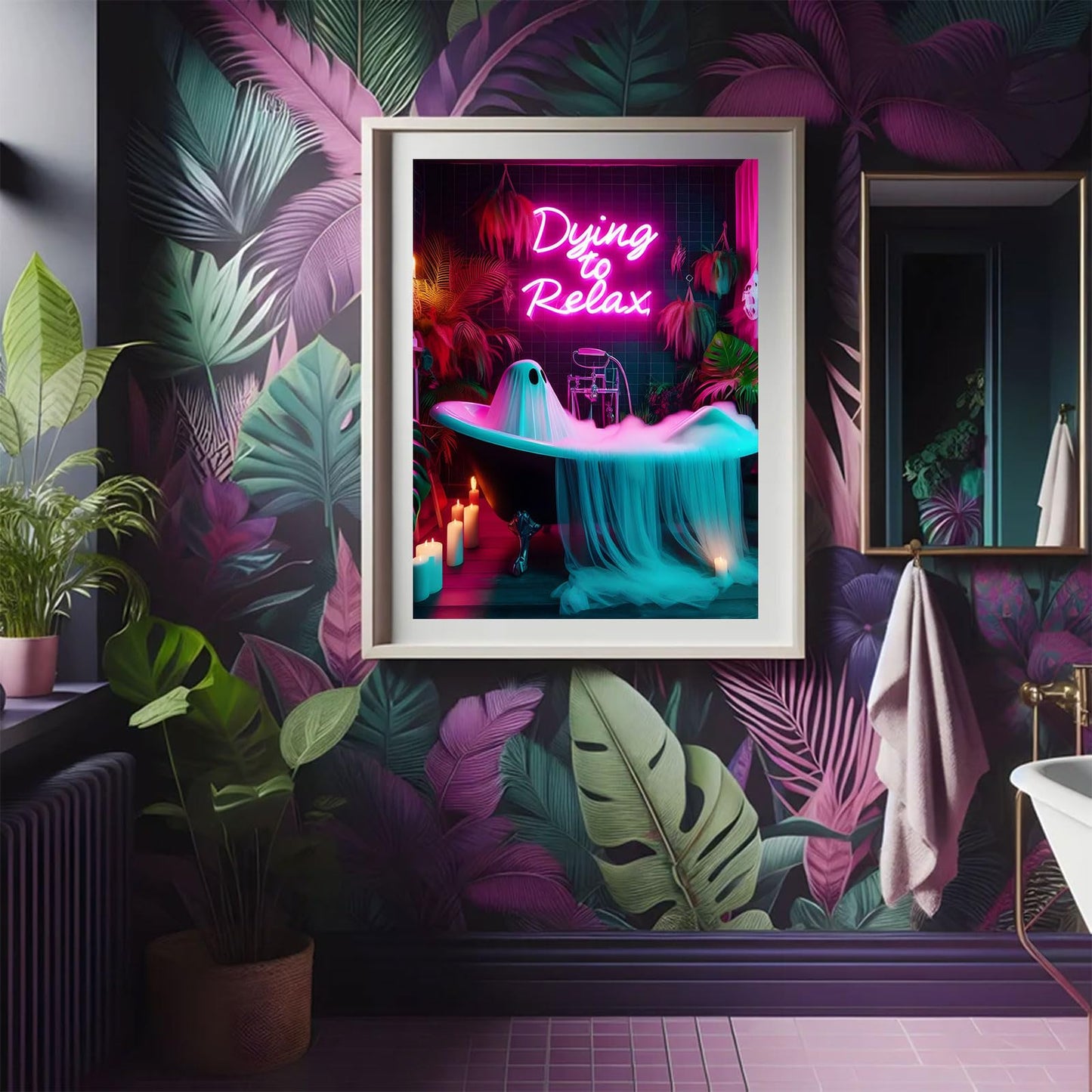 3 Pcs Halloween Ghost Neon Bathroom Canvas Wall Art Neon Sign Dying To Relax Wall Decor Pictures Funny Gothic Ghost Toaster Posters Prints for Restroom Dark Humor indie room Home Decortion Unframed