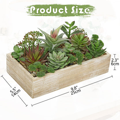 Artificial Succulent Plants in Pot 10 Inch Fake Succulent Arrangement Potted Succulents Plants Centerpiece in Rectangular Wooden Planter for Home Office Desk Shelf Living Room Bedroom Farmhouse Decor
