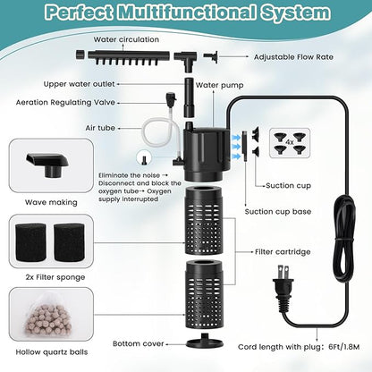hygger Internal Aquarium Filter, 5-in-1 Submersible Fish Tank Filter, Adjustable Wave Maker & Air Bubbler, Quiet Turtle Tank Filter for 5-15 Gallon Freshwater Saltwater, 80GPH, 5W