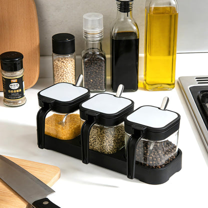 JBESUHI Set of 3 Black 8.6oz Clear Glass Condiment Jars with Lids & Spoons - Spice Canisters, Salt & Sugar Bowls for Kitchen Seasoning Storage
