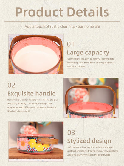 silesia Handmade Candy Bowl with Wooden Handle, 20 oz Hand-Painted Berry Bowl, Portable Handcrafted Serving Dish for Fruit, Nuts & Snacks, Rustic Farmhouse Decor (Glazed Pink)