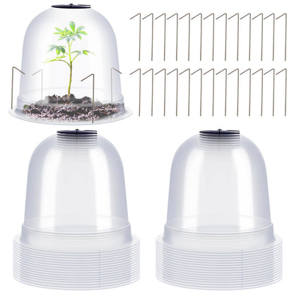 Zopeal 20 Pcs Small Humidity Plant Domes Garden Cloche 7.68" Dia x 6.7" H Reusable Thick Seedlings Frost Protector Covers Clear Plastic Mini Greenhouses with 80 Securing Pegs for Spring Outdoor Seed