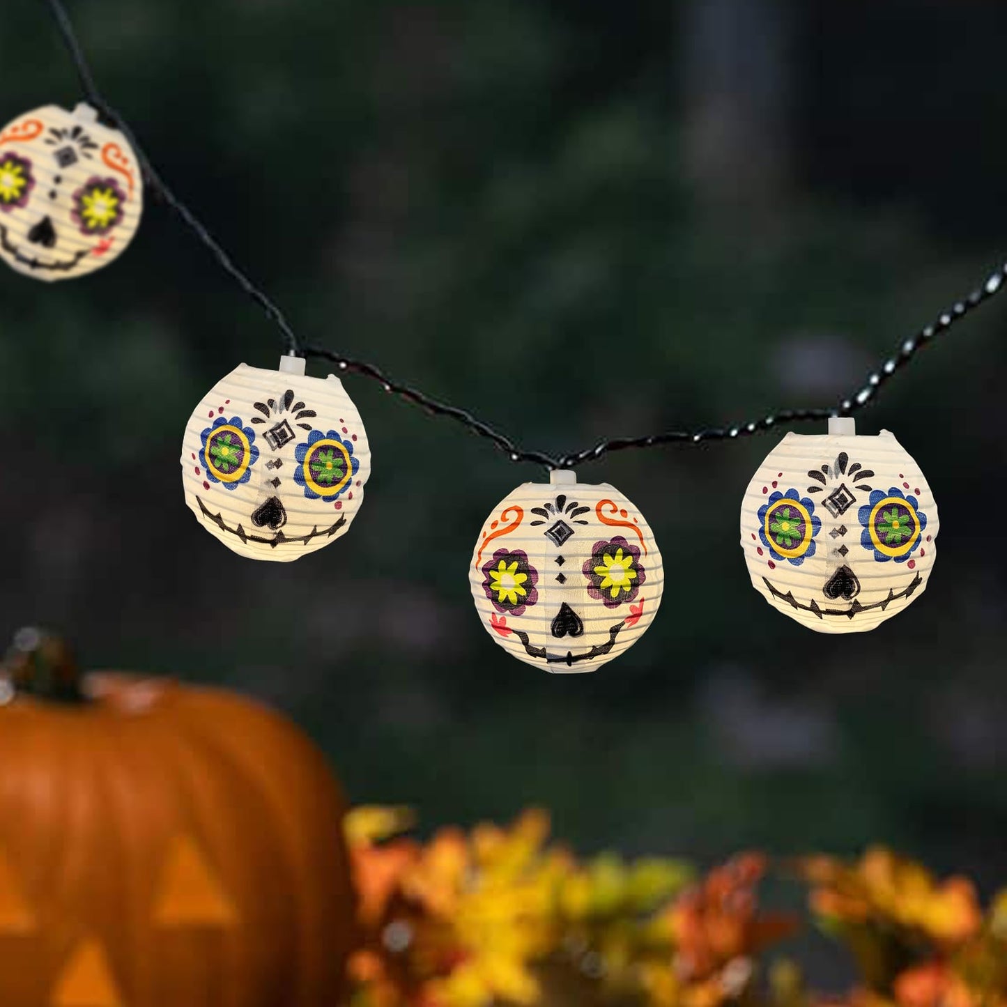 Abeja Halloween White Lantern String Lights, 8.5Ft Grimace White Nylon Lantern Lights with 10 Mini LED Bulbs, Halloween Outdoors String Light for Garden Home Party