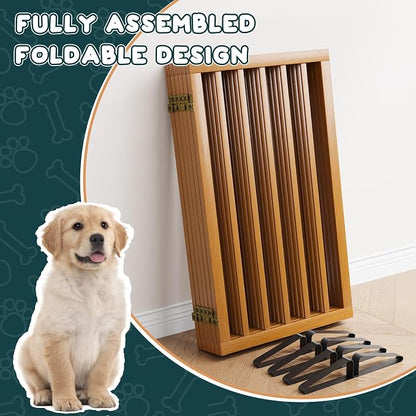 Freestanding Extra Wide Dog Gate Indoor, 6-Panel Wooden Pet Gate with 2 Metal Stands and 360°Hinge, Tall Dog Gates for Doorways, Stairs, Doorways, Kitchen, Foldable Safety Fence, 110"W x 32"H - Walnut