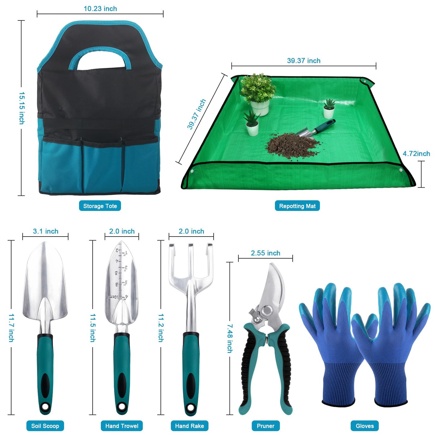 Garden Tools Sets, Gardening Tool Set with 39.3 in Repotting Mat, 7 Piece Gardening Kit with Non Slip Ergonomic Handle, Heavy Duty Garden Tool Bag Gardening Supplies for Women and Men