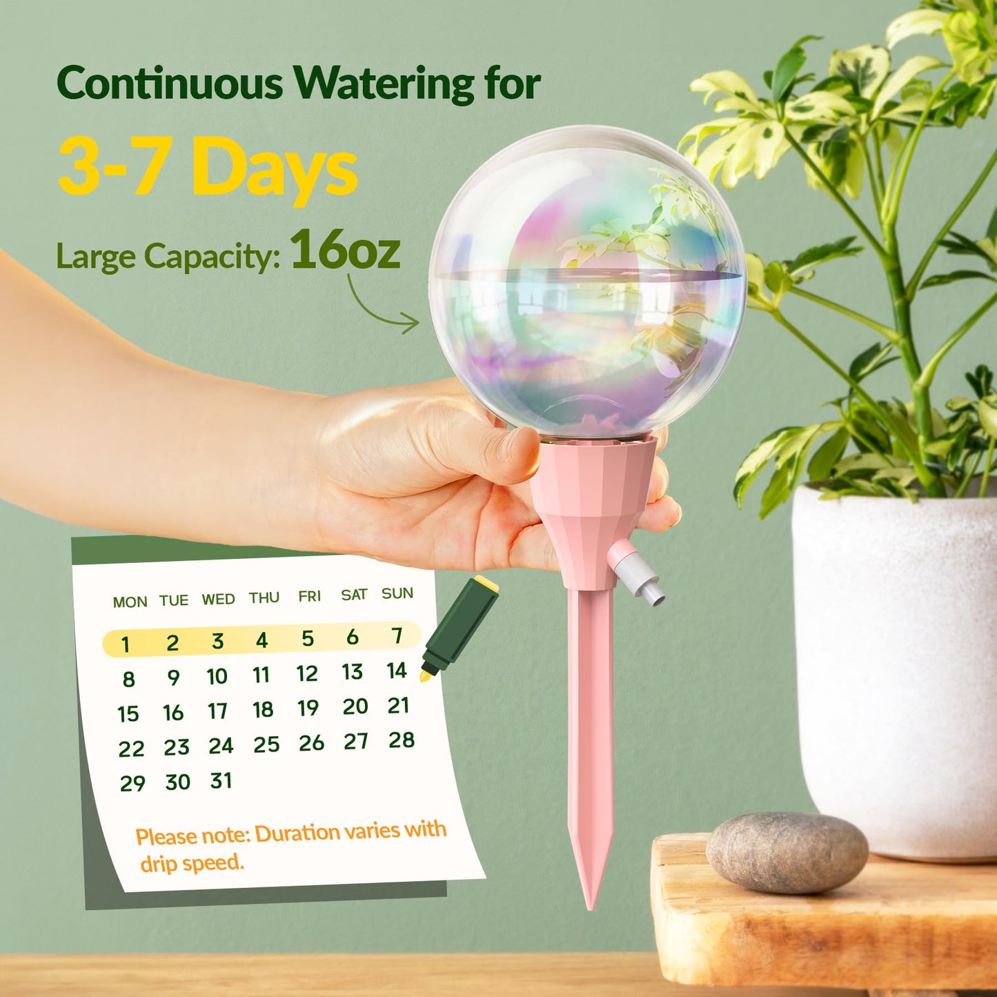 NiHome 2PCS 16OZ Plant Self-Watering Drippers with Adjustable Flow Control, Long-Lasting Automatic Watering Globes for Indoor Outdoor Plants, Tulip Shape Design for Small to Medium Pots (Pink + Green)