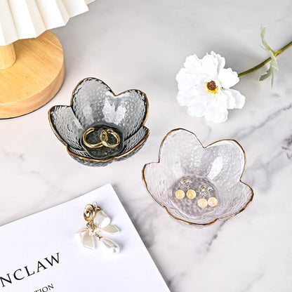 Koythin 3-Piece Glass Jewelry Tray, Small Trinket Holder for Necklace Bracelet Earring, Ring Holders for Bathroom, Aesthetic Trinket Dish, Flower Nightstand Decor for Girl Mom (Transparent White)