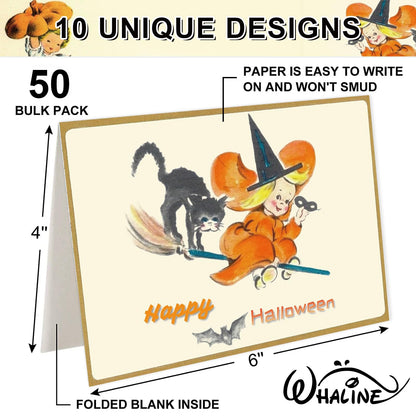 Whaline 50 Pack Halloween Greeting Cards with Sticker Envelope Vintage Evil Pumpkin Witch Blank Note Cards for Party Invitations, 4 x 6 Inch