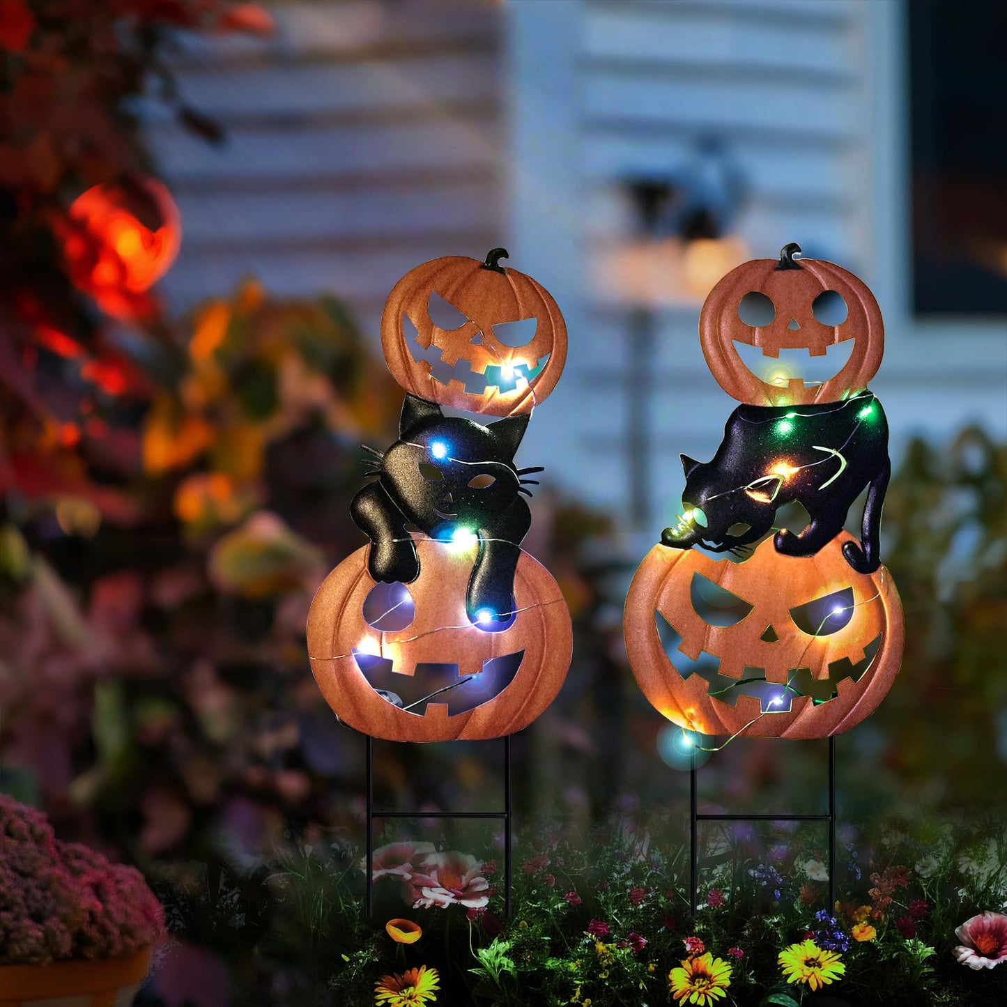 HONGLAND Halloween Decorations Solar Lights, 2 Pack Outdoor Waterproof Metal Pumpkin Stake with Black Cat Jack-o-Lantern for Yard, Garden, Pathway