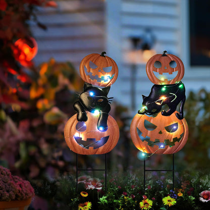 HONGLAND Halloween Decorations Solar Lights, 2 Pack Outdoor Waterproof Metal Pumpkin Stake with Black Cat Jack-o-Lantern for Yard, Garden, Pathway
