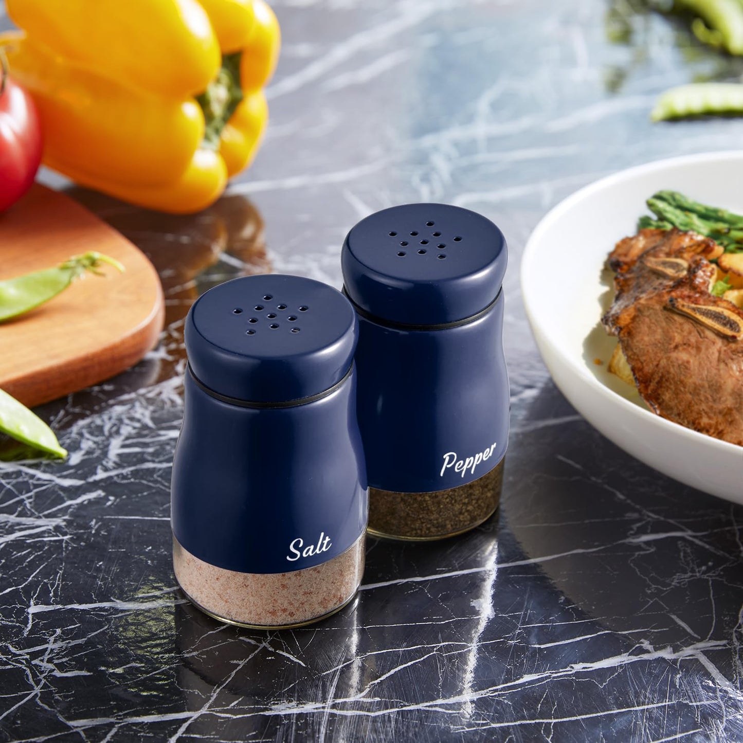 Navy Blue Salt and Pepper Shakers Set, Bivvclaz 5 Ounce Salt and Pepper Dispenser with Glass Bottom, Cute Salt and Pepper Shakers for Blue Kitchen Decor and Accessories