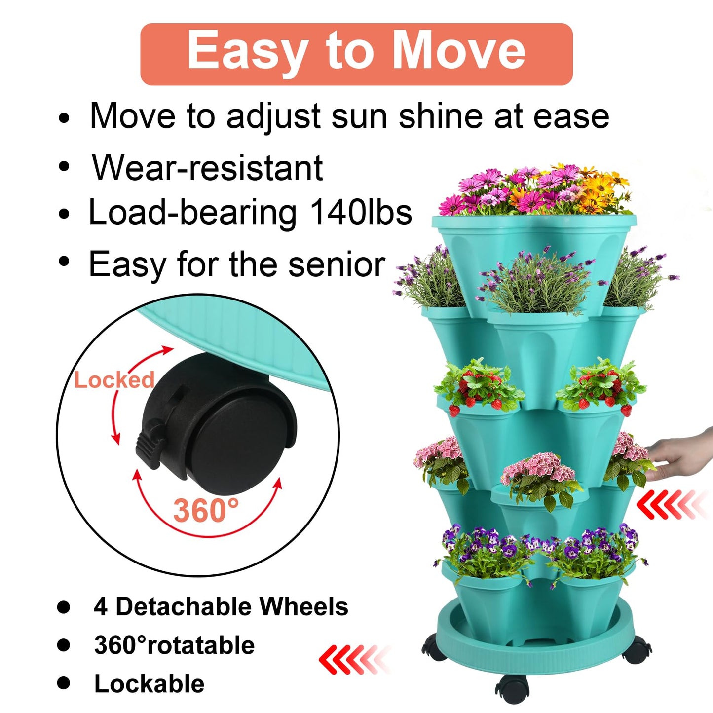 DUNCHATY Stackable Planter, Vertical Garden Planter with Wheels and Tools, Self Watering Strawberry Planter Indoor/Outdoor 5 Tier Herb Planter Pots for Growing Vegetables and Succulents, Teal