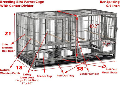 Single Stackable Center Divided Breeder Breeding Bird Flight Double Rolling Cage for Aviaries Canaries Cockatiels Finches Budgies Small Parrots (Without Stand)