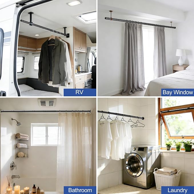 17 to 84 Inch Closet Rods for Hanging Clothes with Screwdriver, Stepless Adjustable Closet Rod Heavy Duty, 1.3 Inch Clothes Hanging Rod Metal Closets Pole Bar for Wardrobes Laundry Bathroom RV, Black