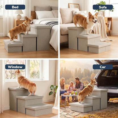 3-Step Wide Dog Stairs with Hidden Storage 18" H, Non-Slip Dog Steps for High Bed Couch Window Car, Jiont-Friendly Pet Stairs Ramp for Small/Medium/Large Old Dogs Cats Up to 220lbs, Beige