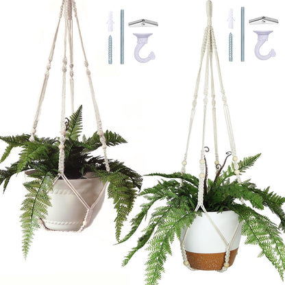 Bouqlife 43 Inches Macrame Plant Hanger Large for 14 inch Pot Extra Long No Tassel Cotton Rope Hanging Plant Holder with Ceiling Hook Bohemian Home Décor Beige 2Pack