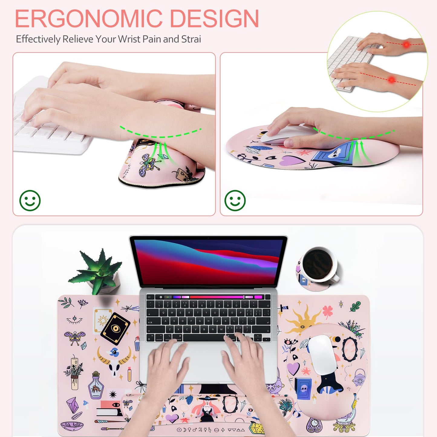 Petmolico Mouse Pad Set with Computer Keyboard Desk Pad,Mouse Pad with Wrist Rest,Typing Wrist Pad and Cup Coasters,Ergonomic Design for Typing Pain Relief [Pink,Halloween]
