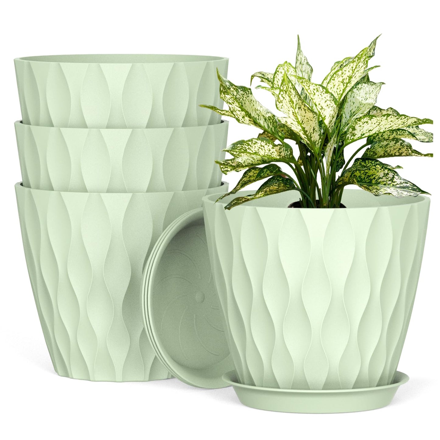 UOUZ 8 Inch Plant Pots, 4 Pack Plastic Planters for Indoor Outdoor with Drainage Holes & Saucers, Waffle Texture Flower Pots for Indoor Plants, Indoor Plant Pots for Monstera, Fiddle Leaf Fig, Green