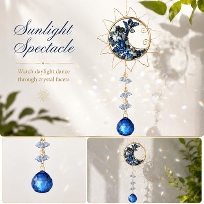 Hanging Sunlight Catcher, Sun & Moon Crystal Suncatcher, Crystal Hanging Ornament, Hanging Crystals for Decoration, Festival Gift, Window Decoration (Blue)