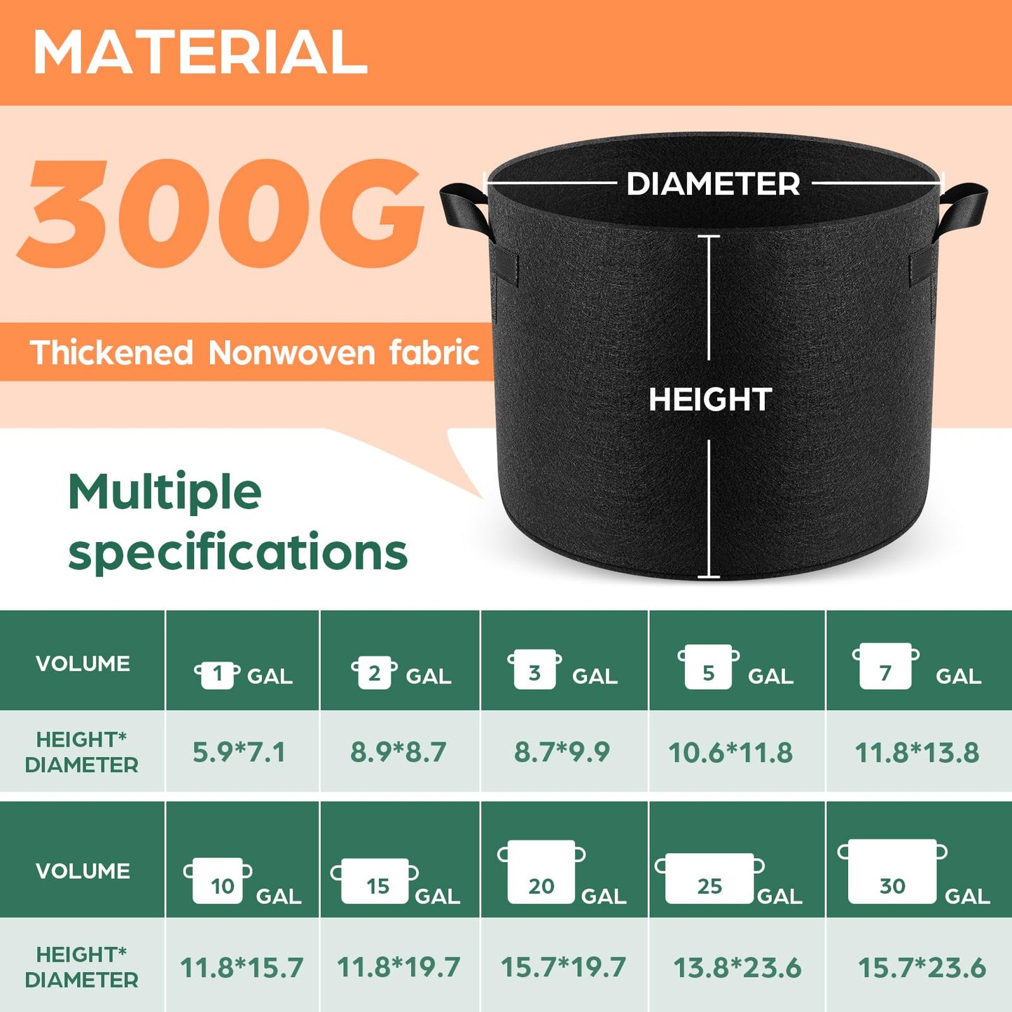 Jorvila 5 Pack 10 Gallon Grow Bags, Thickened Nonwoven Fabric Planter Pots with Handles, Heavy Duty 300G Garden Pots for Tomato, Potato and Vegetable