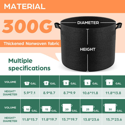 Jorvila 5 Pack 10 Gallon Grow Bags, Thickened Nonwoven Fabric Planter Pots with Handles, Heavy Duty 300G Garden Pots for Tomato, Potato and Vegetable