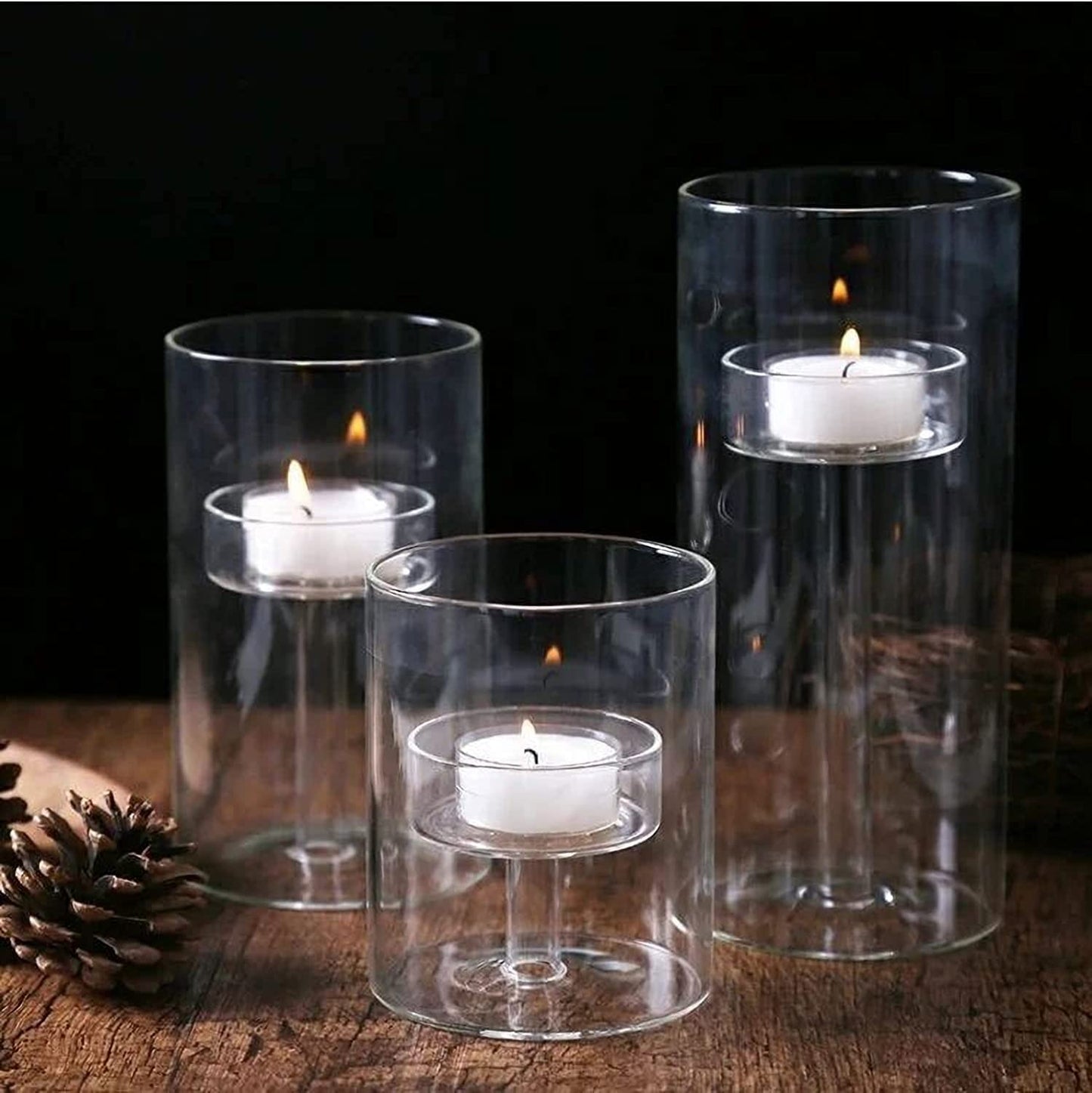 YLSMILE Cylinder Hurricane Glass Candle Holder for Table Centerpieces, Clear Votive Candle Holders for Wedding Parties, Decorative Candleholders for Home Dining Room Decorations (Set of 3)