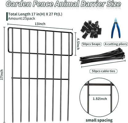 ULIOK Animal Barrier Fence, 25 Panels No Dig Fence, 27ft(L) x 17in(H) Dog Fencing Rabbit Fences, 1.52in Spike Spacing Rustproof Metal Fences Border for Outdoor Yard with Cable Ties and Cutting Plier