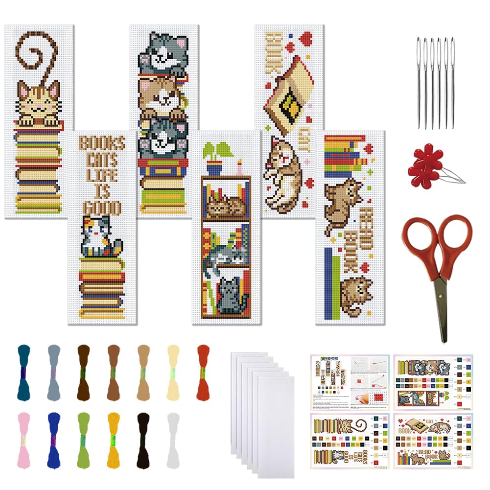 FREEBLOSS 6 Set Cross Stitch Bookmark Kits Cat and Books Bookmarks DIY Stamped Embroidery Bookmark Kit for Beginner Cross Stitch Kit DIY Embroidery Bookmarks Crossstitch Projects for Book Lovers