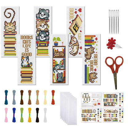 FREEBLOSS 6 Set Cross Stitch Bookmark Kits Cat and Books Bookmarks DIY Stamped Embroidery Bookmark Kit for Beginner Cross Stitch Kit DIY Embroidery Bookmarks Crossstitch Projects for Book Lovers