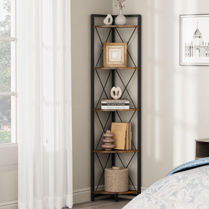 Cerlyunzan 5 Tier Corner Shelf Stand, 64" H Tall Industrial Corner Bookshelf for Living Room Decor, Metal Corner Shelf, Plant Stand Display Shelf for Bedroom, Bathroom, Small Space, Rustic Brown