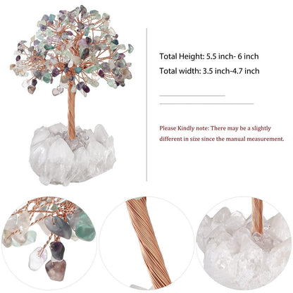 TUMBEELLUWA Crystal Chips Money Tree with Natural Rock Crystal Cluster Base Handmade Stones Figurine Bonsai Tree for Good Luck and Wealth, Fluorite