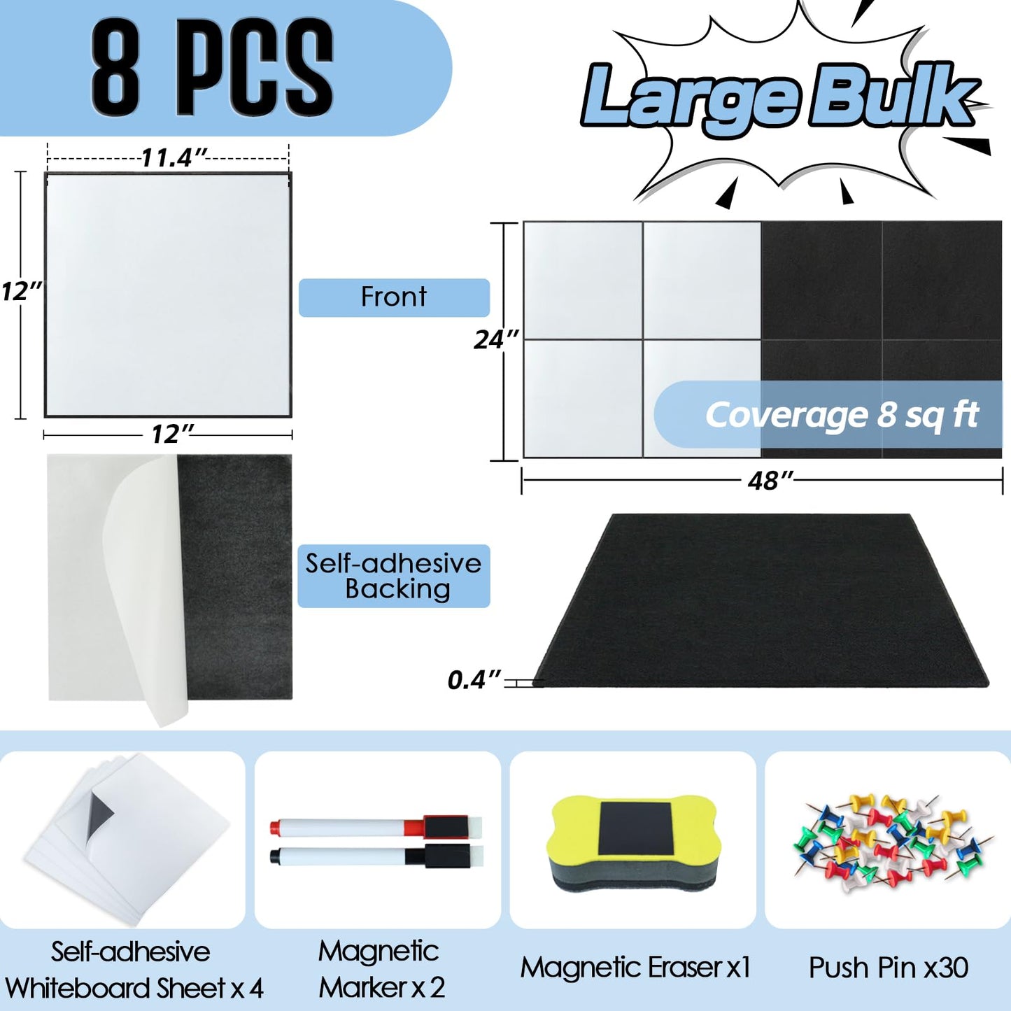 BXI Magnetic Dry Erase Whiteboard & Felt Bulletin Board with Pins Combo, 8 Pcs 12 X 12 X 3/8 Inch Self-Adhesive Vision Display Tiles, Note Memo Panels for Home School Education Office Wall Decor