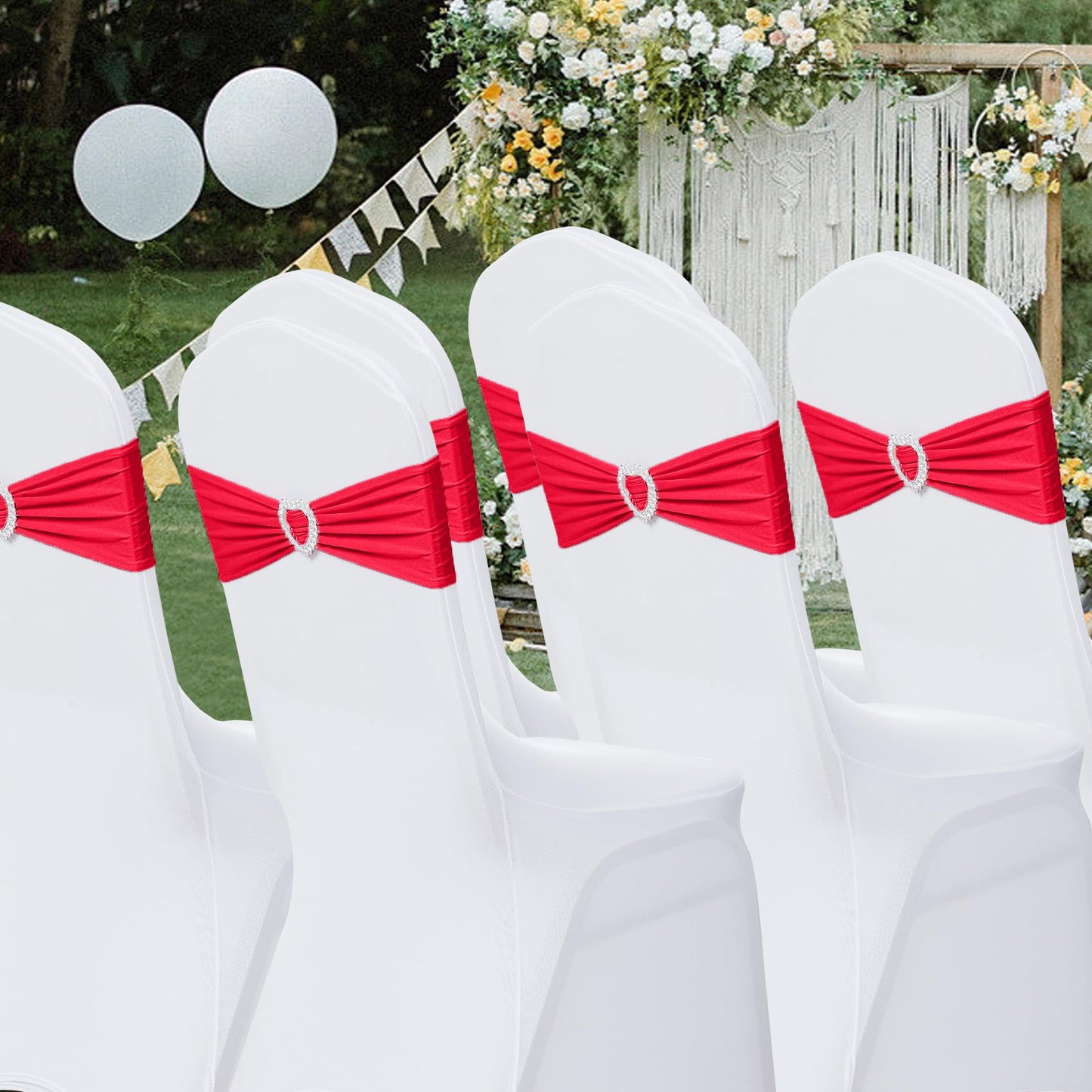Howhic Pack of 120 Spandex Chair Sashes Bows Stretch Chair Cover Band with Buckle Slider Universal Elastic Chair Ties for Wedding Banquet Party Event Decoration (Ruby)
