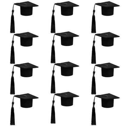 12pcs Mini Graduation Cap for Crafts Black Felt Graduation Hat Bottle Toppers with Tassels Mini Cap Decorations Bottle Toppers for Party Table Decoration (Black)